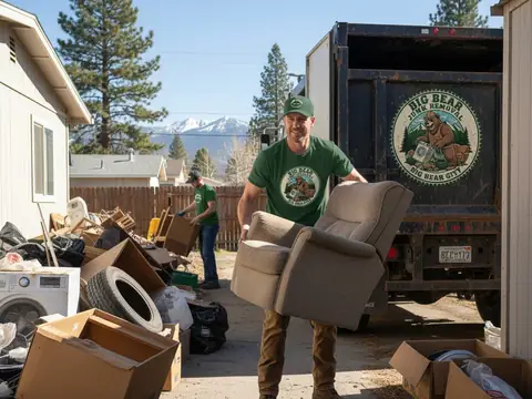 Two workers in green T-shirts loading an armchair and household junk into a dump truck on a driveway lined with pines