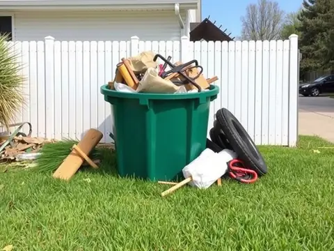 Backyard junk pile: a green bin full of scrap wood and a broken chair frame, with old tires and bagged debris on the lawn by a white fence